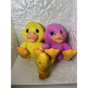 Plush Stuffed Plush Lot of 3 ducks with plastic bibs, yellow, pink, Easter